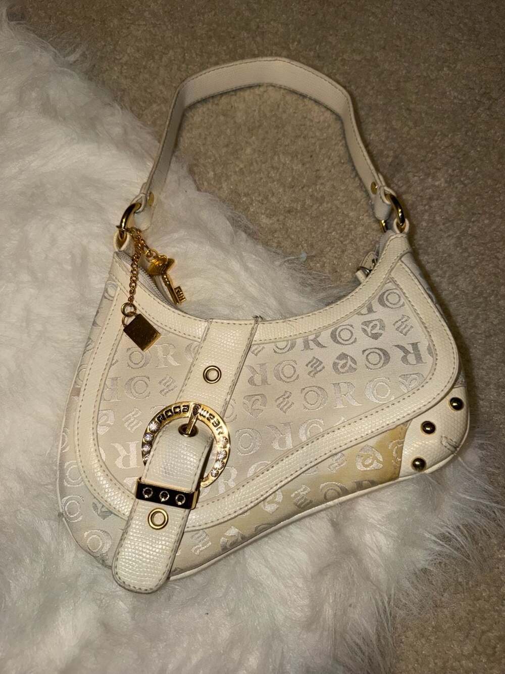 Rocawear Y2K Off-White Monogram Shoulder Bag with Buckle Detail